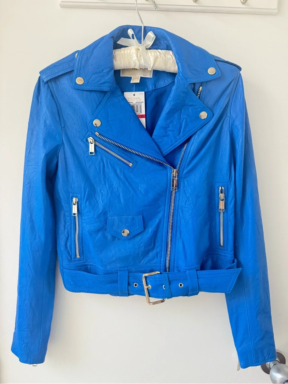 Michael Kors Grecian Blue Belted Leather Moto Jacket XS NWT